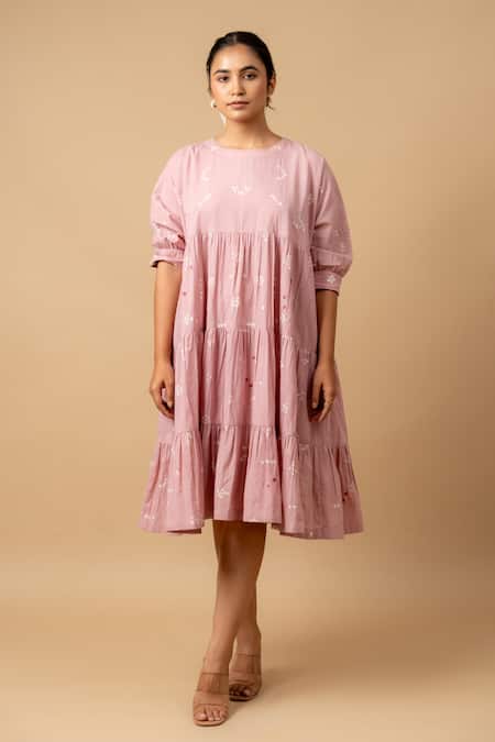 Doodlage Pink Embroidery Round Neck Bandhani Tiered Dress 