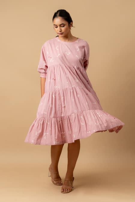 Doodlage_Pink Embroidery Round Neck Bandhani Tiered Dress _Online_at_Aza_Fashions