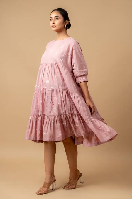 Buy_Doodlage_Pink Embroidery Round Neck Bandhani Tiered Dress _Online_at_Aza_Fashions