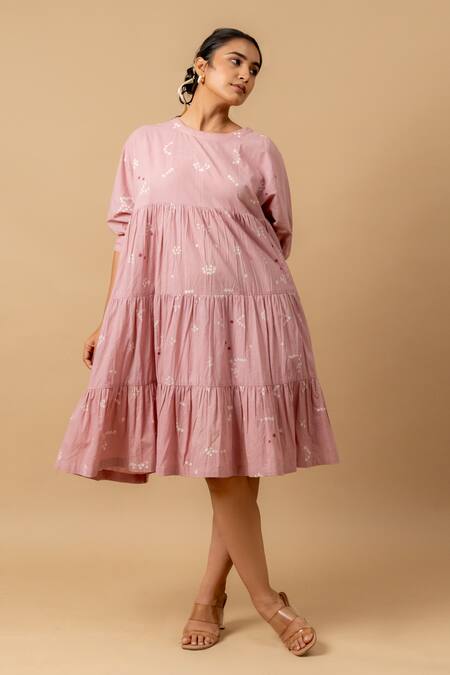 Shop_Doodlage_Pink Embroidery Round Neck Bandhani Tiered Dress _Online_at_Aza_Fashions