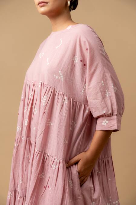 Doodlage_Pink Embroidery Round Neck Bandhani Tiered Dress _at_Aza_Fashions