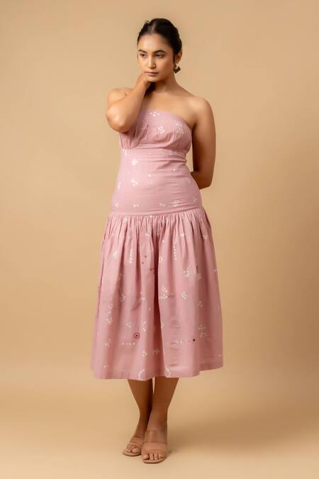 Shop_Doodlage_Pink Embroidery Off-shoulder Bandhani Strapless Dress _Online_at_Aza_Fashions
