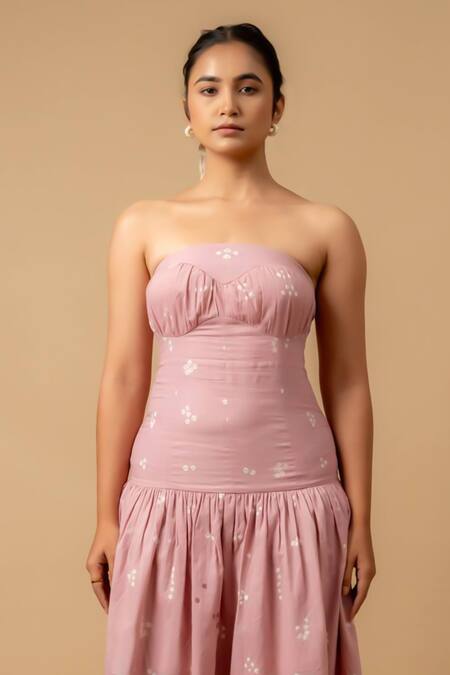 Doodlage_Pink Embroidery Off-shoulder Bandhani Strapless Dress _at_Aza_Fashions