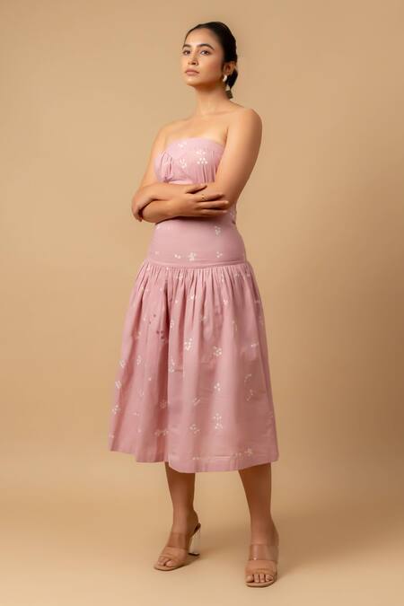 Buy_Doodlage_Pink Embroidery Off-shoulder Bandhani Strapless Dress 