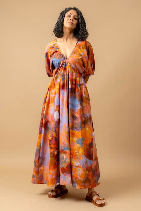 Doodlage Rust Cotton Plunge Neck Orange Organic Dress Online at Aza Fashions Doodlage_Rust Cotton Plunge Neck Orange Organic Dress _Online_at_Aza_Fashions