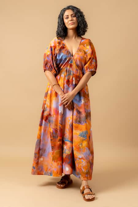 Doodlage Rust Cotton Plunge Neck Orange Organic Dress