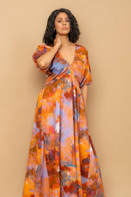 Buy Doodlage Rust Cotton Plunge Neck Orange Organic Dress Online at Aza Fashions Buy_Doodlage_Rust Cotton Plunge Neck Orange Organic Dress _Online_at_Aza_Fashions