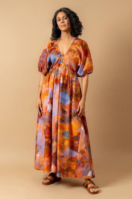 Shop Doodlage Rust Cotton Plunge Neck Orange Organic Dress Online at Aza Fashions Shop_Doodlage_Rust Cotton Plunge Neck Orange Organic Dress _Online_at_Aza_Fashions