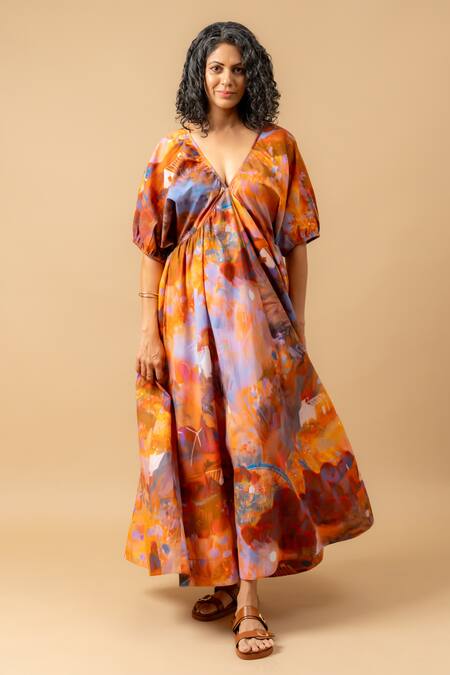 Doodlage Rust Cotton Plunge Neck Orange Organic Dress at Aza Fashions Doodlage_Rust Cotton Plunge Neck Orange Organic Dress _at_Aza_Fashions