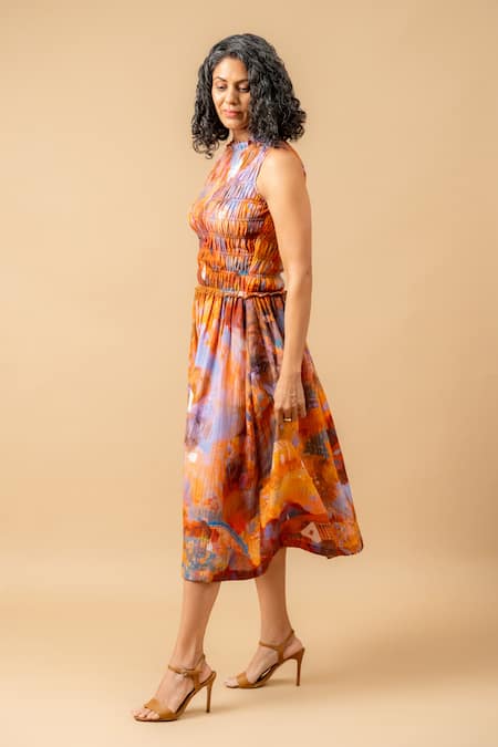 Buy_Doodlage_Rust Cotton High Neck Orange Smocked Dress _Online_at_Aza_Fashions