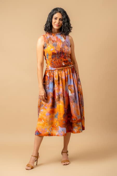 Shop_Doodlage_Rust Cotton High Neck Orange Smocked Dress _Online_at_Aza_Fashions