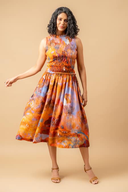 Doodlage Rust Cotton High Neck Orange Smocked Dress