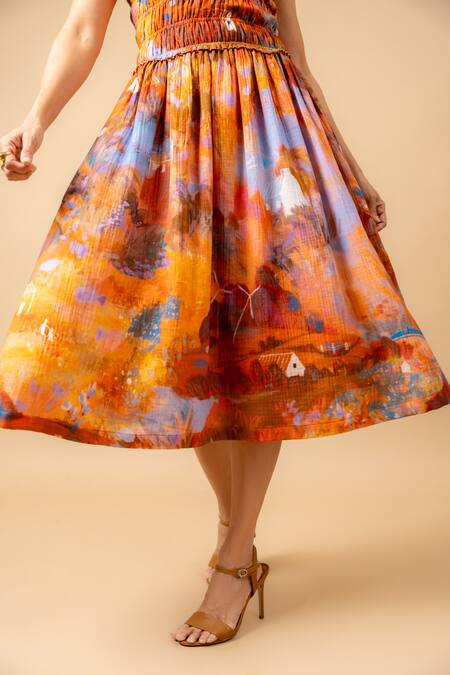 Doodlage_Rust Cotton High Neck Orange Smocked Dress _at_Aza_Fashions