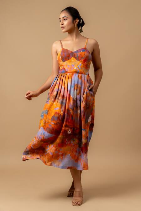 Doodlage_Rust Cotton Sweetheart Neck Orange Floral Print Dress _Online_at_Aza_Fashions