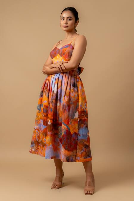 Buy_Doodlage_Rust Cotton Sweetheart Neck Orange Floral Print Dress _Online_at_Aza_Fashions