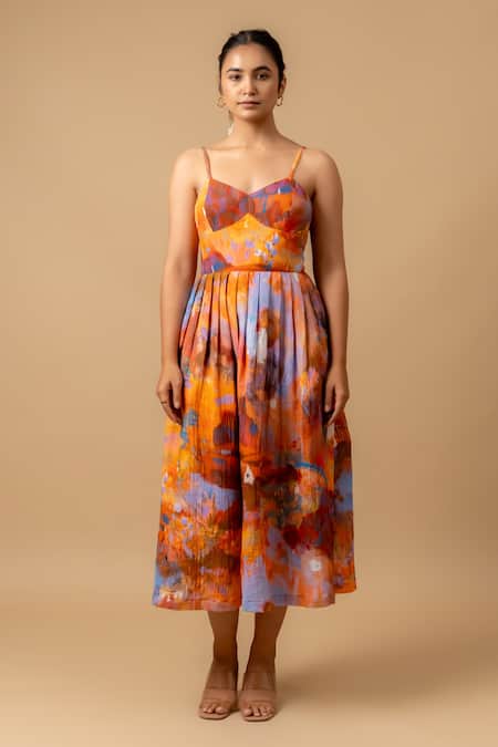 Shop_Doodlage_Rust Cotton Sweetheart Neck Orange Floral Print Dress _Online_at_Aza_Fashions