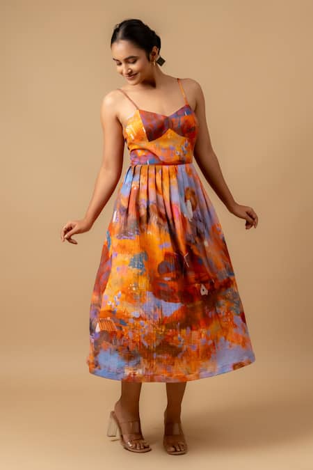 Doodlage Rust Cotton Sweetheart Neck Orange Floral Print Dress 