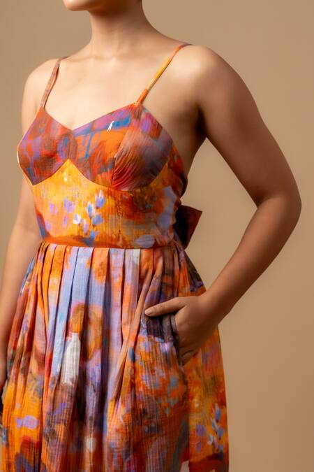 Doodlage_Rust Cotton Sweetheart Neck Orange Floral Print Dress _at_Aza_Fashions