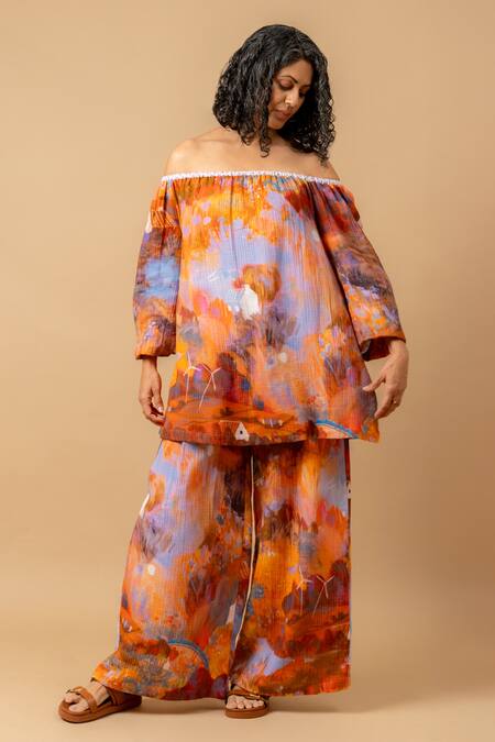 Doodlage_Orange Cotton Off-shoulder Rust Organic Top _Online_at_Aza_Fashions