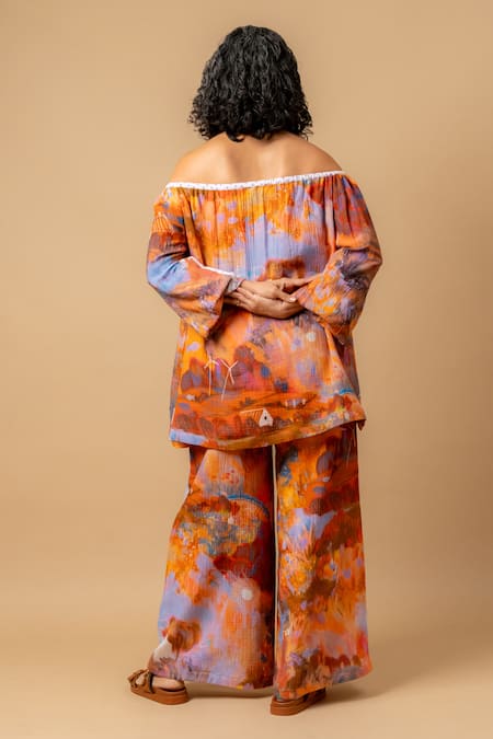 Shop Doodlage Rust Cotton Off-shoulder Orange Top And Pant Set at Aza Fashions Shop_Doodlage_Rust Cotton Off-shoulder Orange Top And Pant Set _at_Aza_Fashions