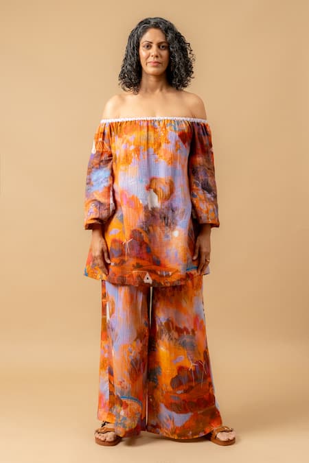 Doodlage Rust Cotton Off-shoulder Orange Top And Pant Set Online at Aza Fashions Doodlage_Rust Cotton Off-shoulder Orange Top And Pant Set _Online_at_Aza_Fashions