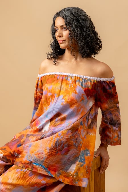 Shop Doodlage Rust Cotton Off-shoulder Orange Top And Pant Set Online at Aza Fashions Shop_Doodlage_Rust Cotton Off-shoulder Orange Top And Pant Set _Online_at_Aza_Fashions