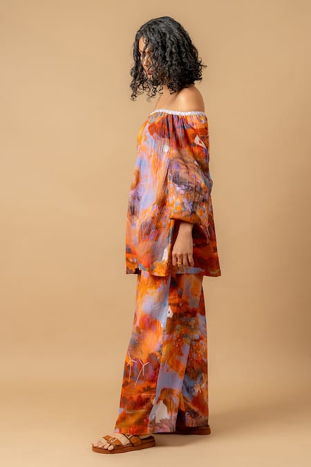 Doodlage Rust Cotton Off-shoulder Orange Top And Pant Set at Aza Fashions Doodlage_Rust Cotton Off-shoulder Orange Top And Pant Set _at_Aza_Fashions