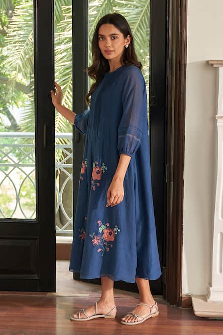 Vaayu_Blue Muslin, Cotton Applique Round Neck Ocean Pintuck Dress_Online_at_Aza_Fashions