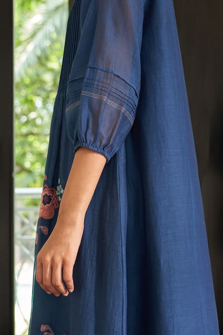 Shop_Vaayu_Blue Muslin, Cotton Applique Round Neck Ocean Pintuck Dress_Online_at_Aza_Fashions