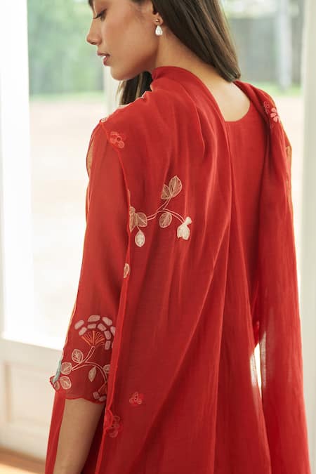 Vaayu Orange Muslin, Cotton Embroidery, Applique Round Neck Poppy Anarkali Set Online at Aza Fashions Vaayu_Orange Muslin, Cotton Embroidery, Applique Round Neck Poppy Anarkali Set _Online_at_Aza_Fashions