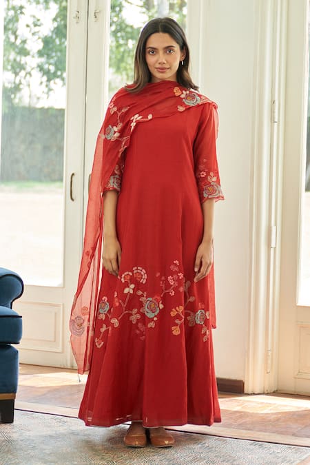 Shop Vaayu Orange Muslin, Cotton Embroidery, Applique Round Neck Poppy Anarkali Set Online at Aza Fashions Shop_Vaayu_Orange Muslin, Cotton Embroidery, Applique Round Neck Poppy Anarkali Set _Online_at_Aza_Fashions