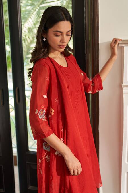 Vaayu_Orange Muslin, Cotton Applique Open , Round Poppy Jacket Dress _Online_at_Aza_Fashions