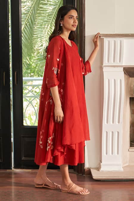 Buy_Vaayu_Orange Muslin, Cotton Applique Open , Round Poppy Jacket Dress _Online_at_Aza_Fashions