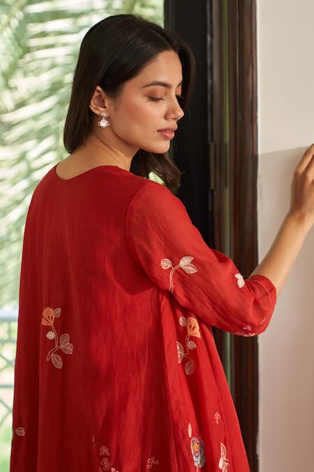 Shop_Vaayu_Orange Muslin, Cotton Applique Open , Round Poppy Jacket Dress _Online_at_Aza_Fashions