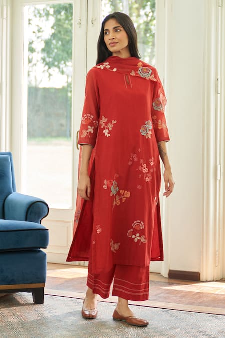 Buy Vaayu Orange Muslin, Cotton Embroidery, Applique Round Neck Kurta Pant Set Buy_Vaayu_Orange Muslin, Cotton Embroidery, Applique Round Neck Kurta Pant Set