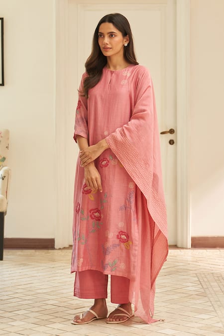 Vaayu Peony Pink Applique Kurta Pant Set 