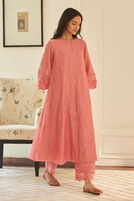 Buy Vaayu Pink Muslin, Cotton Embroidery Keyhole Neck Thread Work Kurta And Pant Set Online at Aza Fashions Buy_Vaayu_Pink Muslin, Cotton Embroidery Keyhole Neck Thread Work Kurta And Pant Set _Online_at_Aza_Fashions
