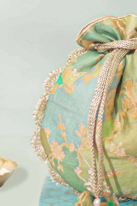 Buy_Amyra_Green Pearls, Tassels Abstract Art Banarasi Potli_Online_at_Aza_Fashions