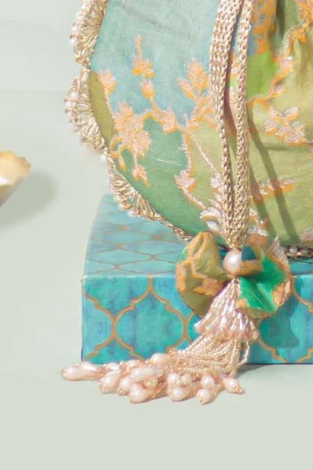 Shop_Amyra_Green Pearls, Tassels Abstract Art Banarasi Potli_Online_at_Aza_Fashions