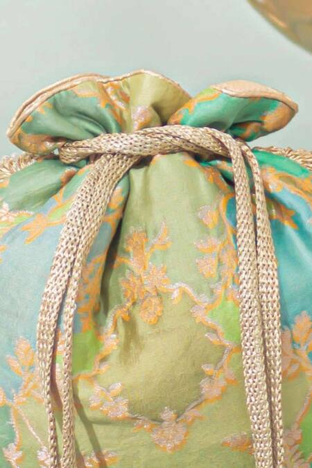 Amyra_Green Pearls, Tassels Abstract Art Banarasi Potli_at_Aza_Fashions