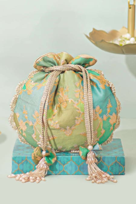 Amyra Green Pearls, Tassels Abstract Art Banarasi Potli 