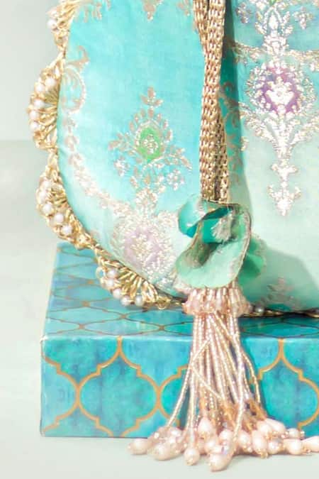 Shop Amyra Blue Pearls, Beads Abstract Art Banarasi Potli Online at Aza Fashions Shop_Amyra_Blue Pearls, Beads Abstract Art Banarasi Potli _Online_at_Aza_Fashions