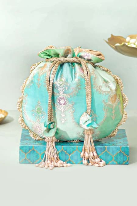 Amyra Blue Pearls, Beads Abstract Art Banarasi Potli 