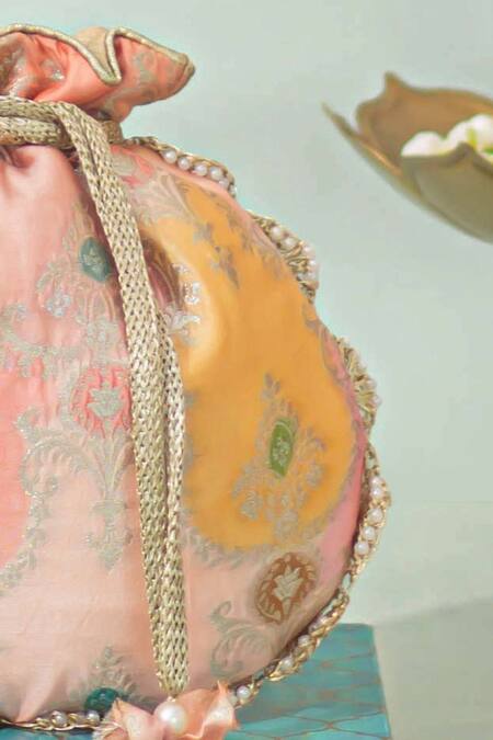 Amyra_Peach Pearls, Beads Abstract Art Banarasi Potli _Online_at_Aza_Fashions