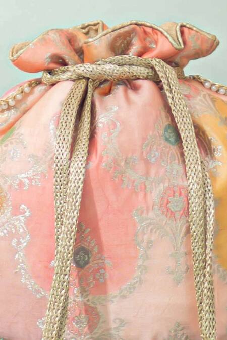 Amyra_Peach Pearls, Beads Abstract Art Banarasi Potli _at_Aza_Fashions