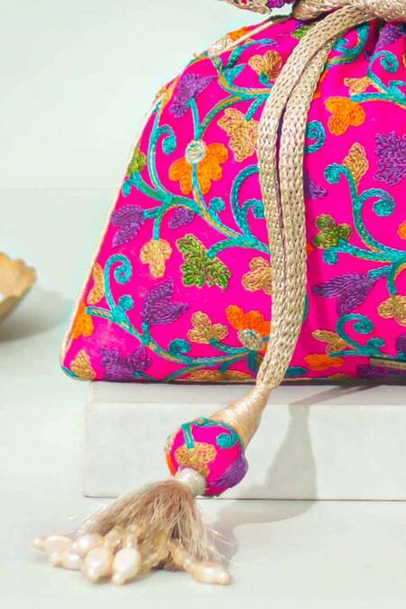 Shop_Amyra_Pink Zari, Pearls Rouka Embroidered Potli _Online_at_Aza_Fashions
