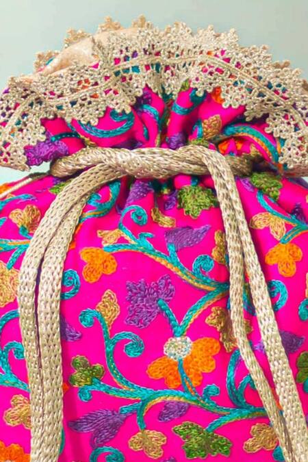 Amyra_Pink Zari, Pearls Rouka Embroidered Potli _at_Aza_Fashions