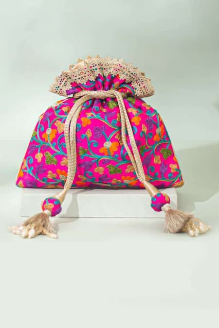Amyra Pink Zari, Pearls Rouka Embroidered Potli 