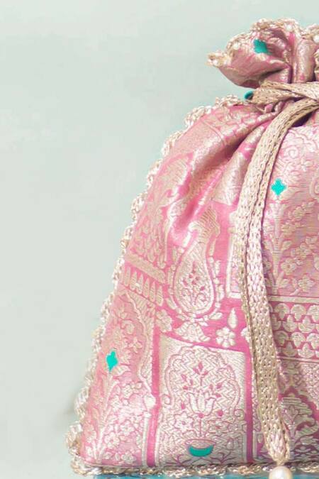 Amyra_Pink Beads, Zari Anouk Pure Banarasi Silk Potli_Online_at_Aza_Fashions