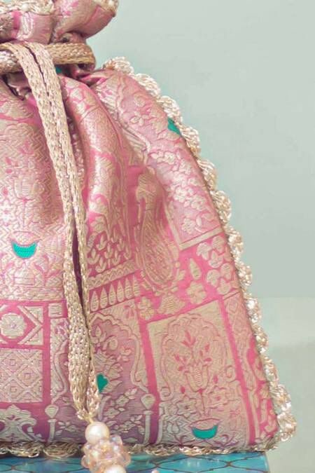 Buy_Amyra_Pink Beads, Zari Anouk Pure Banarasi Silk Potli_Online_at_Aza_Fashions